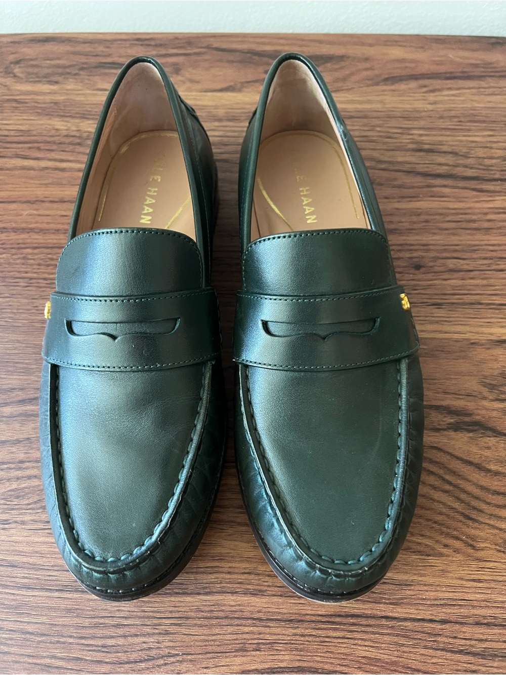 Cole Haan Dark Green Leather Penny Loafers with Gold Accent